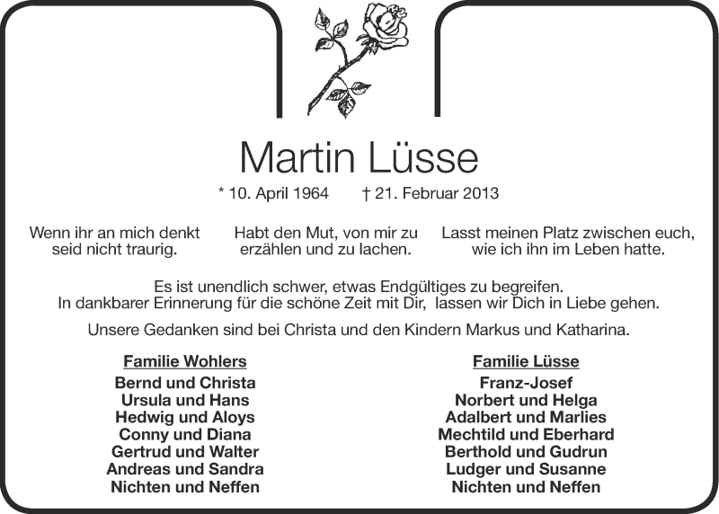  Traueranzeige für Martin Lüsse vom 25.02.2013 aus OM-Medien